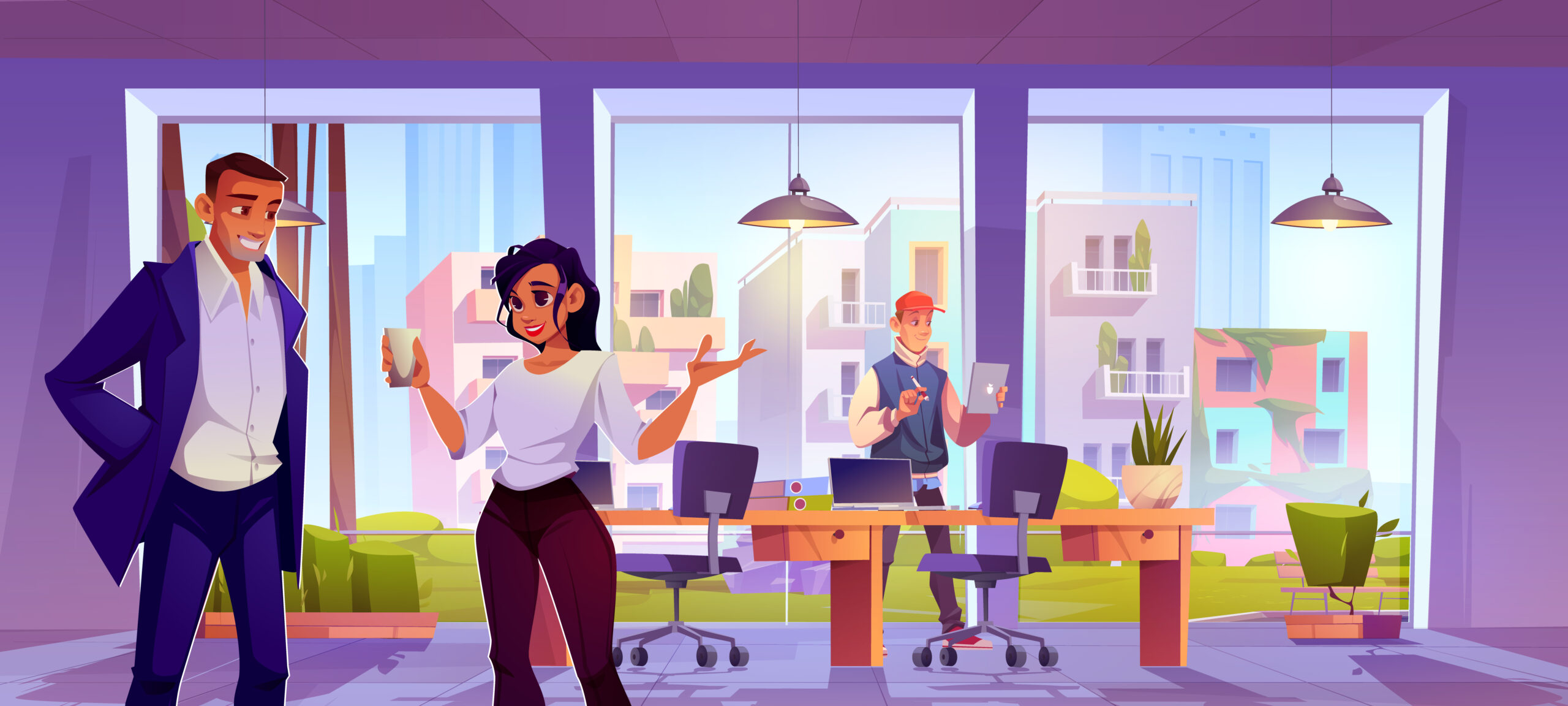 People at work in office interior cartoon background. Computer desk, window and businessman character on workplace. Professional accountant and woman manager in modern corporate room location